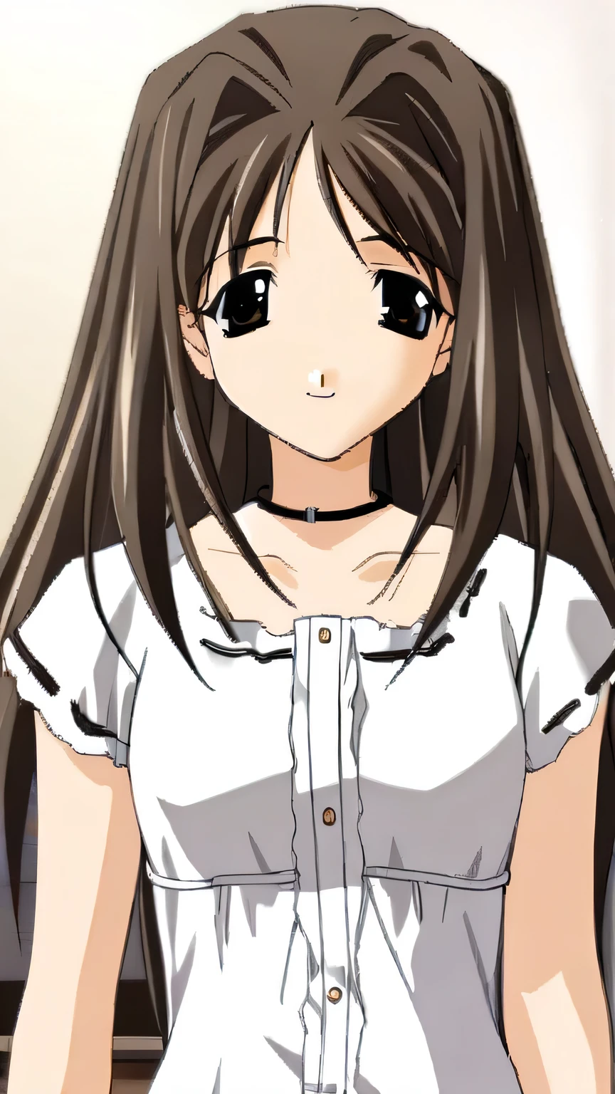 One girl,Shirakawa Shizuru,whiteshizuru,Frilled blouse,Ribbon trim,choker,Pleated skirt,masterpiece,highest quality,alone,so beautiful,Absurd,Game CG,(Beautiful eyes in every detail:1.2),(Beautiful Face:1.2),Simple Background,White Background,smile,Put your arms behind your back,blush,