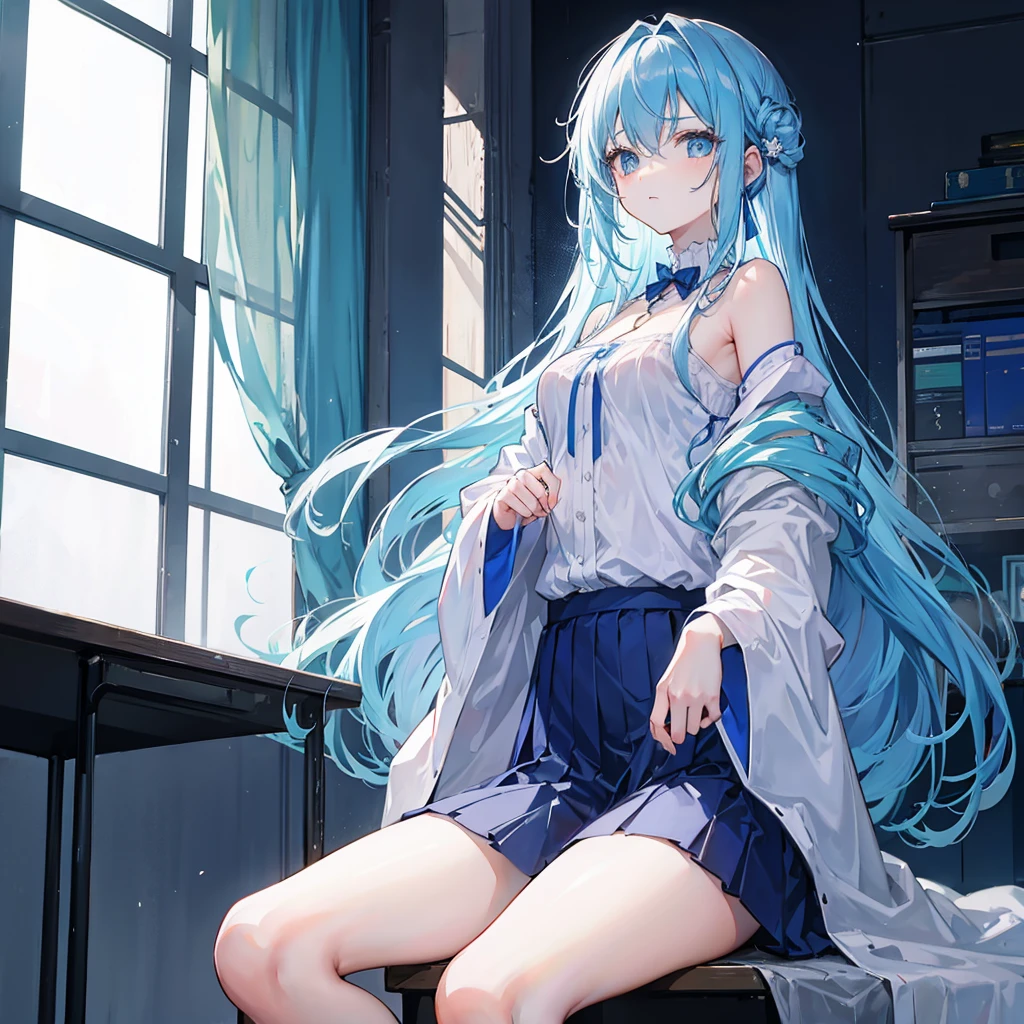 1girl, with long flowing light blue hair that cascades down her back, sits attentively in the dimly lit classroom. Her hair contrasts beautifully against the dark blue walls and the black modern she wears. The classroom atmosphere is calming, and the focus is on her as she absorbs the lessons being taught. With her anime-inspired features, her expressive eyes and carefully drawn facial expressions, she stands out from her peers, making for a truly captivating scene.