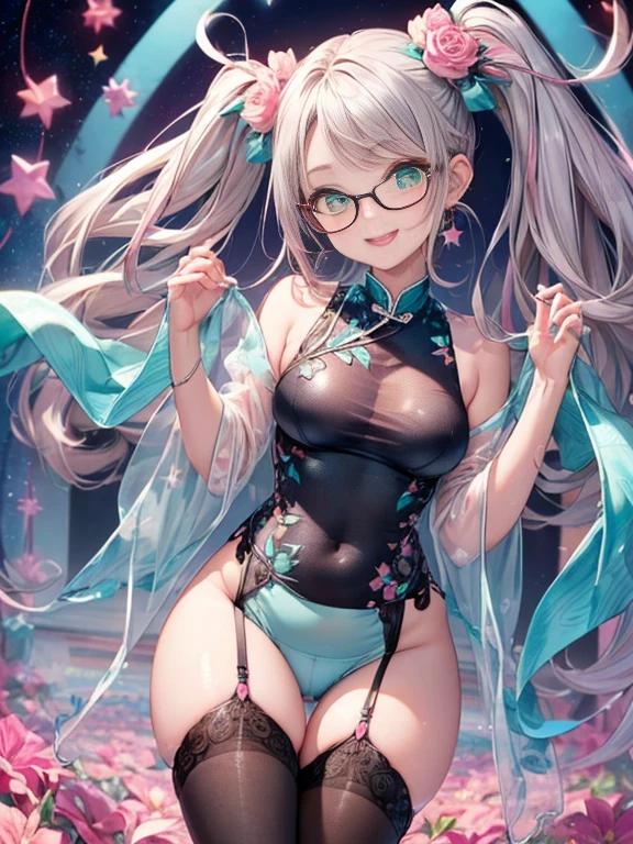 小さなgirl、Small breasts、The arrival of spring、Thick thighs、 (alone:1.5,)Very detailed,Bright colors, Very beautiful detailed anime faces and eyes, Look straight ahead, ;d, Shiny_skin,girl, ((Silver long hair,The inner color is red 、Forehead is exposed.、Green Eyes、Glasses、Shiny hair, Delicate beautiful face, blush、(Turquoise Eyes), White skin, Valletta, Earrings,、blue flower field、(((Star pattern pink、See-through、Long China Clothing、Black bloomers)))、Twin tails、smile、smile、Face dyed red、garter belt