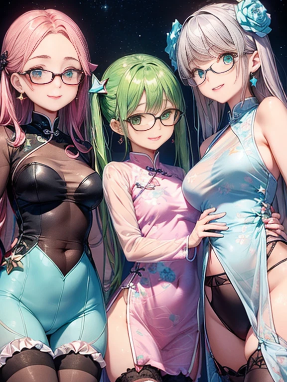 小さなgirl、Small breasts、The arrival of spring、Thick thighs、 (alone:1.5,)Very detailed,Bright colors, Very beautiful detailed anime faces and eyes, Look straight ahead, ;d, Shiny_skin,girl, ((Silver long hair,The inner color is red 、Forehead is exposed.、Green Eyes、Glasses、Shiny hair, Delicate beautiful face, blush、(Turquoise Eyes), White skin, Valletta, Earrings,、blue flower field、(((Star pattern pink、See-through、Long China Clothing、Black bloomers)))、Twin tails、smile、smile、Face dyed red、garter belt