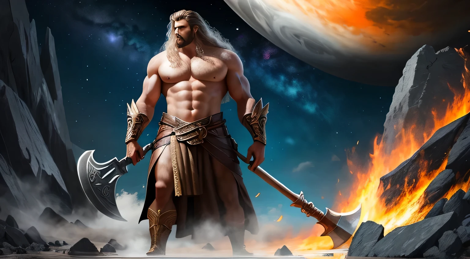 A tall and majestic man,A firm look,Holding a heavy axe,The background is a chaotic universe,There are no clothes on him,masterpiece,high quality,