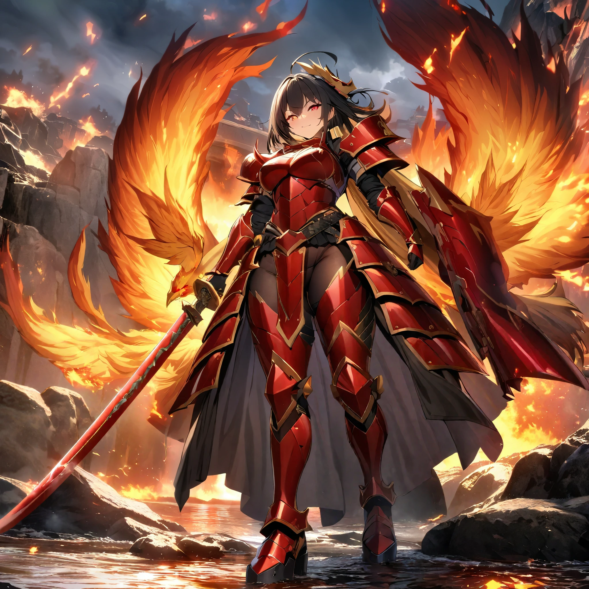 A woman wearing red heavy samurai armor, with metal boots, red bracelet, long black hair, with golden scarf in her hair, holding an unsheathed katana, glowing red eyes, sadistic smile, with a large phoenix of fire behind, walking on a rock platform, with a sadistic look, full body.,HDR, ultra resolution, well defined, masterpiece, 8K HD. (solo woman)