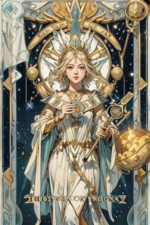 (Best image quality),(Very detailed explanation),One girl,Crown on head,Dressed in ancient fairy costume,Scepter in hand,(Full Body Lesbian),(Very perfect body structure),(Extremely detailed and flawless facial depiction),(Extremely detailed facial features),青いstar空,(Very large moon close up),The moonlight shines through the clouds,star(Sparkling),clothing(Glittering), (The image is surrounded by a tarot card-style frame.:1.5),(masterpiece),(Great results),(8k wallpaper),(Photography Award),myth,fantasy theme,Surreal Realism,Realistically,English text, Roman numerals