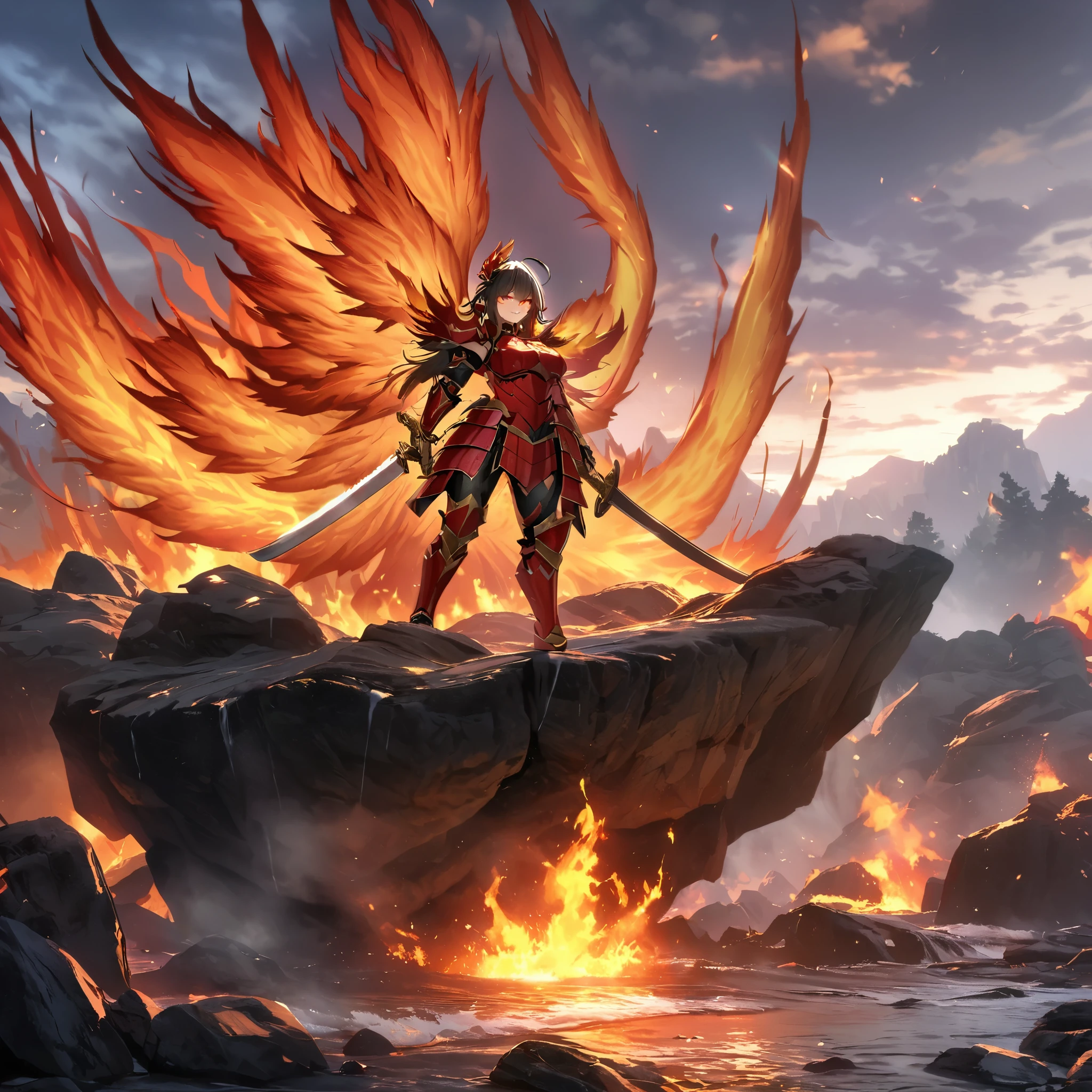 A woman wearing red heavy samurai armor, with metal boots, red bracelet, long black hair, with golden scarf in her hair, holding an unsheathed katana, glowing red eyes, sadistic smile, with a large phoenix of fire behind, walking on a rock platform, with a sadistic look, full body.,HDR, ultra resolution, well defined, masterpiece, 8K HD. (solo woman)
