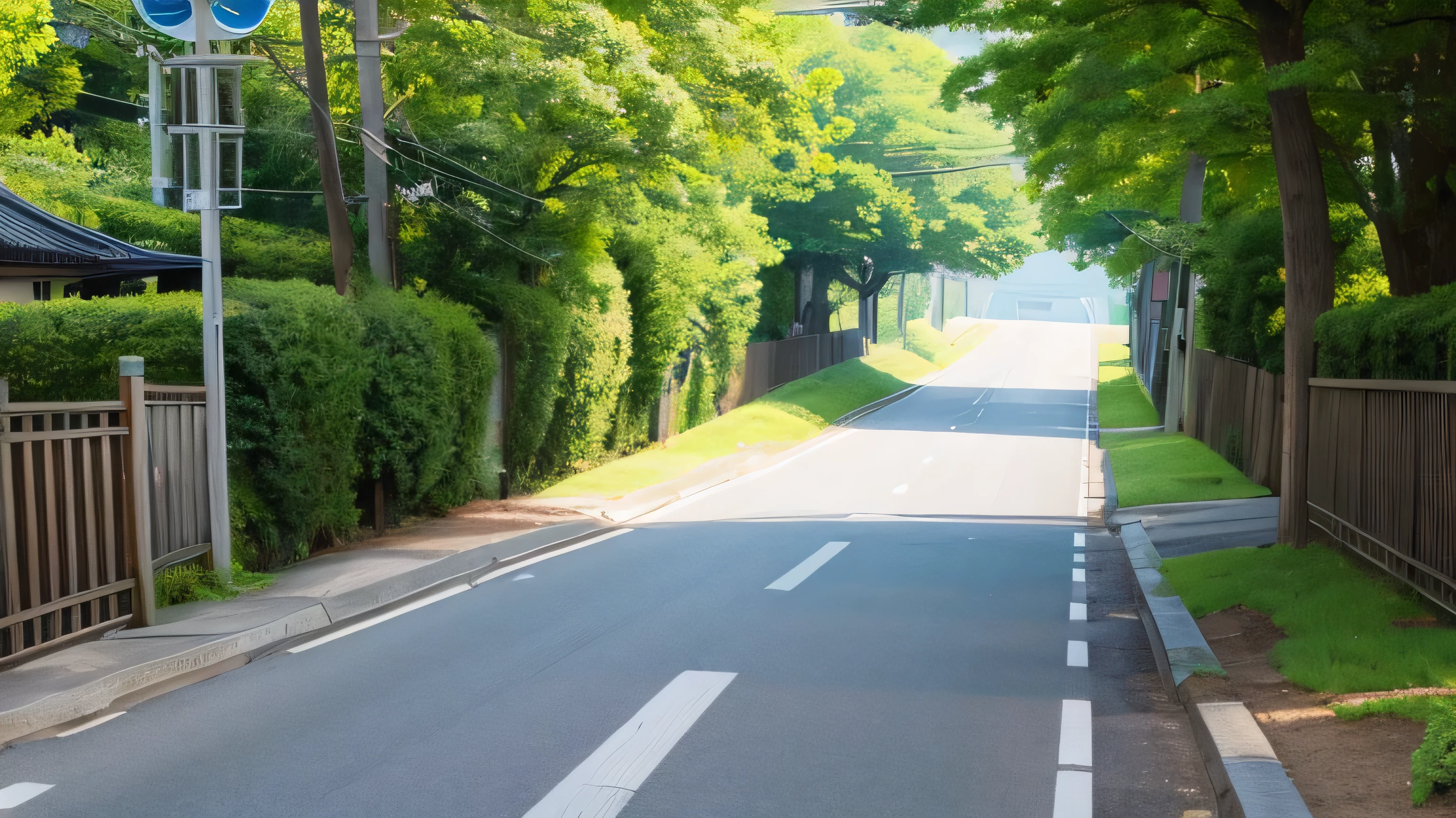 Summer Morning、bright landscape、Go straight along the road、Japanese anime style、