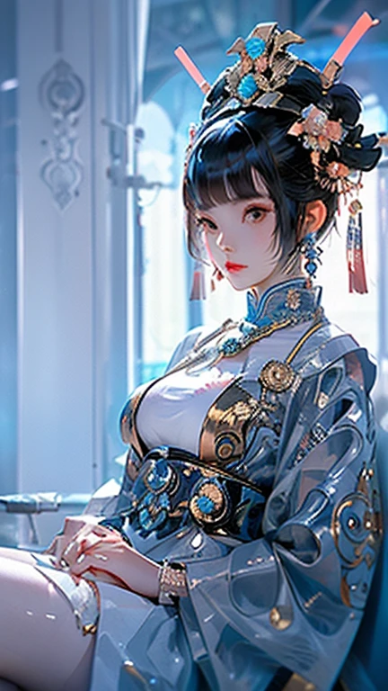1 girl, chinese_clothes, sitting, in white and pink,cyberhanfu, Cheongsam, cyberpunk city, dynamic pose, Headdress, hair ornament, long hair, cyberpunk, a high-tech city, full of machinery and futuristic element, futurism, technology, aqua hair, divine goddess, huge breasts, breasts in, queen, lace, lace trim, pearl necklace, gold, jewelry, tiara, headdress, shiny, glint, diamonds, looking at viewer, serious, formal, epic, grand curtains, indoors, sit on sofa