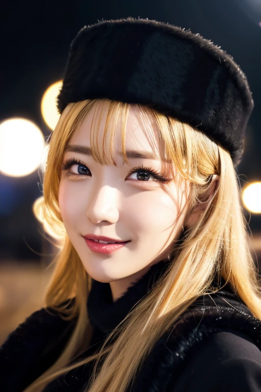 Material, Long Hair, Blonde,Fur trim, Black Hat, Fur has, dress,(Cowboy Shot:1.1), Yellow Eyes, (luggage:1.1), vapor (station:1.1),stationのプラットホーム, night, Milky Way,999 highest quality, Very detailed, masterpiece, Absurd,8k, (Fine grain, Deep Eyes),photoRealistic, Realistic,Detailed skin texture, Detailed pupil,High resolution,
1 Female,(Happy:1.1),smile, (angular face:1.2),Shining Face,Large Breasts, (Tight waist:1.1), Lip Makeup,Long eyelashes