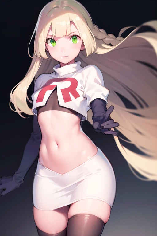 pokemonlilie, pokemonlilie, blonde hair, blunt bangs, (green eyes:1.5), long hair, (small breasts:1.2),
BREAK braid, twin braids, team rocket,team rocket uniform,white skirt,red letter R,crop top,black thigh-highs,black elbow gloves
BREAK looking at viewer,
BREAK (masterpiece:1.2), best quality, high resolution, unity 8k wallpaper, (illustration:0.8), (beautiful detailed eyes:1.6), extremely detailed face, perfect lighting, extremely detailed CG, (perfect hands, perfect anatomy),