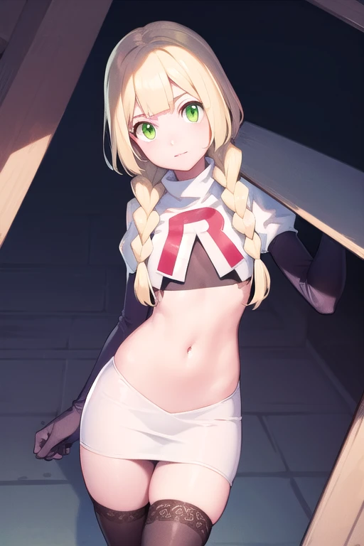 pokemonlilie, pokemonlilie, blonde hair, blunt bangs, (green eyes:1.5), long hair, (small breasts:1.2),
BREAK braid, twin braids, team rocket,team rocket uniform,white skirt,red letter R,crop top,black thigh-highs,black elbow gloves
BREAK looking at viewer,
BREAK (masterpiece:1.2), best quality, high resolution, unity 8k wallpaper, (illustration:0.8), (beautiful detailed eyes:1.6), extremely detailed face, perfect lighting, extremely detailed CG, (perfect hands, perfect anatomy),