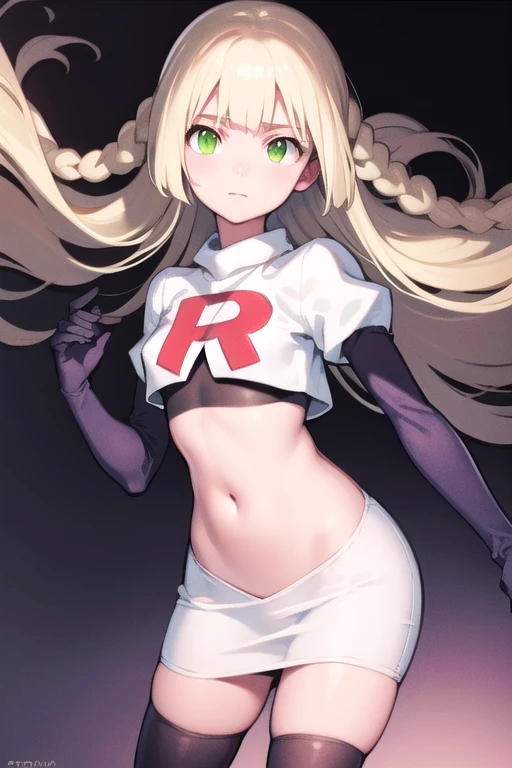 pokemonlilie, pokemonlilie, blonde hair, blunt bangs, (green eyes:1.5), long hair, (small breasts:1.2),
BREAK braid, twin braids, team rocket,team rocket uniform,white skirt,red letter R,crop top,black thigh-highs,black elbow gloves
BREAK looking at viewer,
BREAK (masterpiece:1.2), best quality, high resolution, unity 8k wallpaper, (illustration:0.8), (beautiful detailed eyes:1.6), extremely detailed face, perfect lighting, extremely detailed CG, (perfect hands, perfect anatomy),