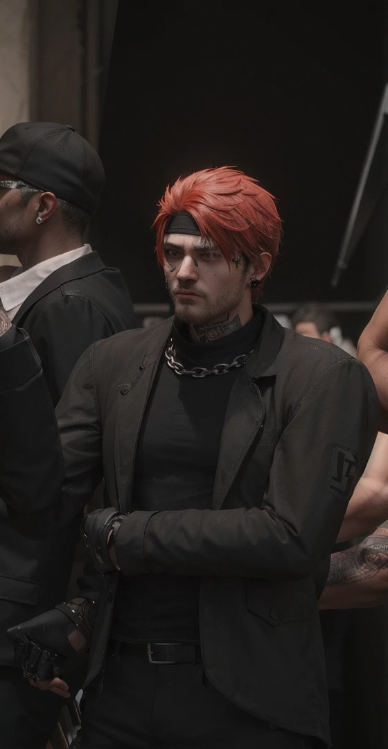 there are many people standing together in a group wearing black, cyberpunk street goon, male character, mechanic punk outfit, highly detailed character, cinematic full character, wearing a bandana and chain, gta character, m full character, high detail iconic character, realistic