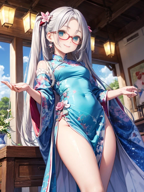 小さなgirl、Small breasts、The arrival of spring、Thick thighs、 (alone:1.5,)Very detailed,Bright colors, Very beautiful detailed anime faces and eyes, Look straight ahead,, Shiny_skin,girl, ((Silver long hair,The inner color is red)) 、Forehead is exposed.、Green Eyes、Glasses、Shiny hair, Delicate beautiful face, blush、(Turquoise Eyes), White skin, Valletta, Earrings,、blue flower field、(((Star pattern pink、Long China Clothing、White bloomer)))、Twin tails、smile、smile、Face dyed red、hide thighs
