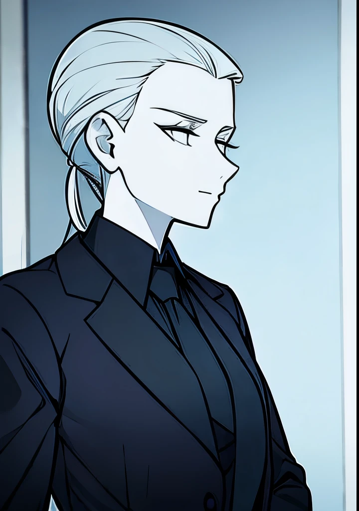 One Young Adult female, pale blonde slicked back into a short ponytail with a single bang on the left hand side, steel blue eyes, light and carefree expression, wearing black suit jacket and tie, portrait style, facing forwards