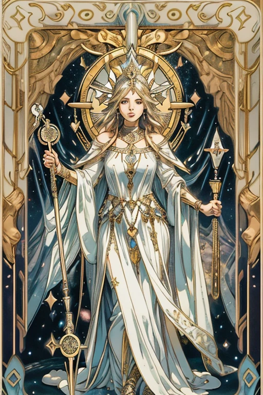 （Best image quality），（Very detailed explanation），One girl，Crown on head，Dressed in ancient fairy costume，Scepter in hand，（Full Body Lesbian），（Very perfect body structure），（Extremely detailed and flawless facial depiction），（Extremely detailed facial features），青いstar空，（Very large moon close up），The moonlight shines through the clouds，star（Sparkling），clothing（Glittering）， (The image is surrounded by a tarot card-style frame.:1.5)，（masterpiece），（Great results），（8k wallpaper），（Photography Award），myth，fantasy theme，Surreal Realism，Realistically,English text, Roman numerals,Tarot Card Style
