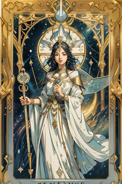 （Best image quality），（Very detailed explanation），One girl，Crown on head，Dressed in ancient fairy costume，Scepter in hand，（Full Body Lesbian），（Very perfect body structure），（Extremely detailed and flawless facial depiction），（Extremely detailed facial features），青いstar空，（Very large moon close up），The moonlight shines through the clouds，star（Sparkling），clothing（Glittering）， (The image is surrounded by a tarot card-style frame.:1.5)，（masterpiece），（Great results），（8k wallpaper），（Photography Award），myth，fantasy theme，Surreal Realism，Realistically,English text, Roman numerals,Tarot Card Style