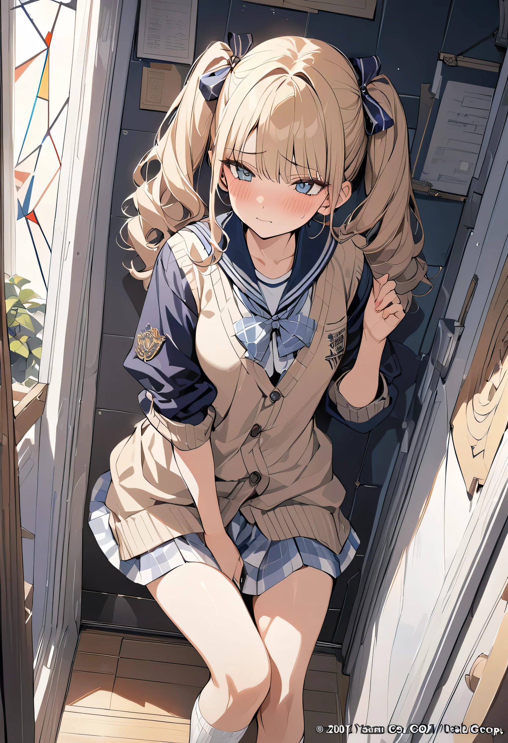 whole body，University Uniforms、Blonde、Twin tails、Tsundere、Full breastole under right eye、Moe sleeves、cardigan、high resolution、19 years old、Embarrassed、(masterpiece, highest quality), Very detailed, highest quality, Official Art, beautifully、aesthetic: 1.2), (1 girl), Very detailed, (masterpiece, highest quality), Official Art, beautifully、aesthetic: 1.2), (1 girl), Very detailed, (Geometry Art: 1.3), colorful