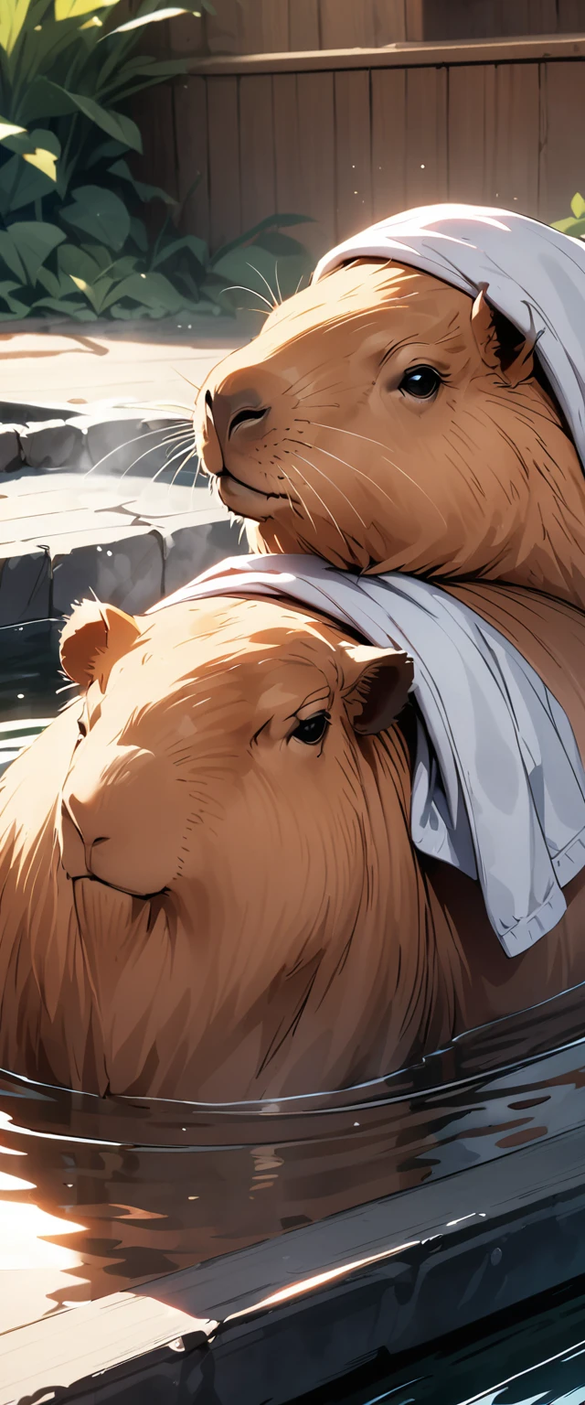 ((Masterpiece, top quality, high resolution)), ((highly detailed CG unified 8K wallpaper)), A capybara, Relaxing in a hot spring bath, towel on head and soaking in hot water,