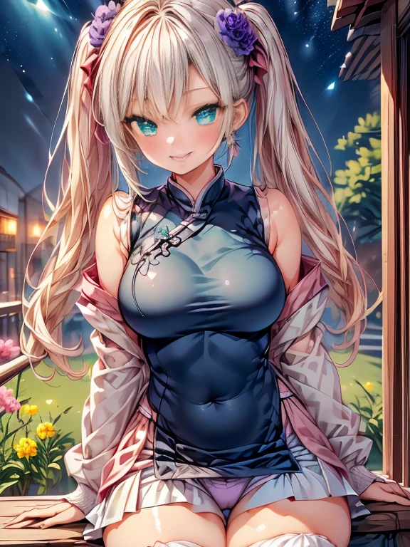 (((小さなgirl)))、The arrival of spring、Thick thighs、 (alone:1.5,)Very detailed,Bright colors, Very beautiful detailed anime faces and eyes, Look straight ahead, ;d, Shiny_skin,girl, ((Silver long hair,The inner color is red 、Forehead is exposed.、Green Eyes、Glasses、Shiny hair, Delicate beautiful face, blush、(Turquoise Eyes), White skin, Valletta, Earrings,、blue flower field、(((Star pattern pink、Long China Clothing、Purple Bloomer)))、Twin tails、smile、smile、Face dyed red