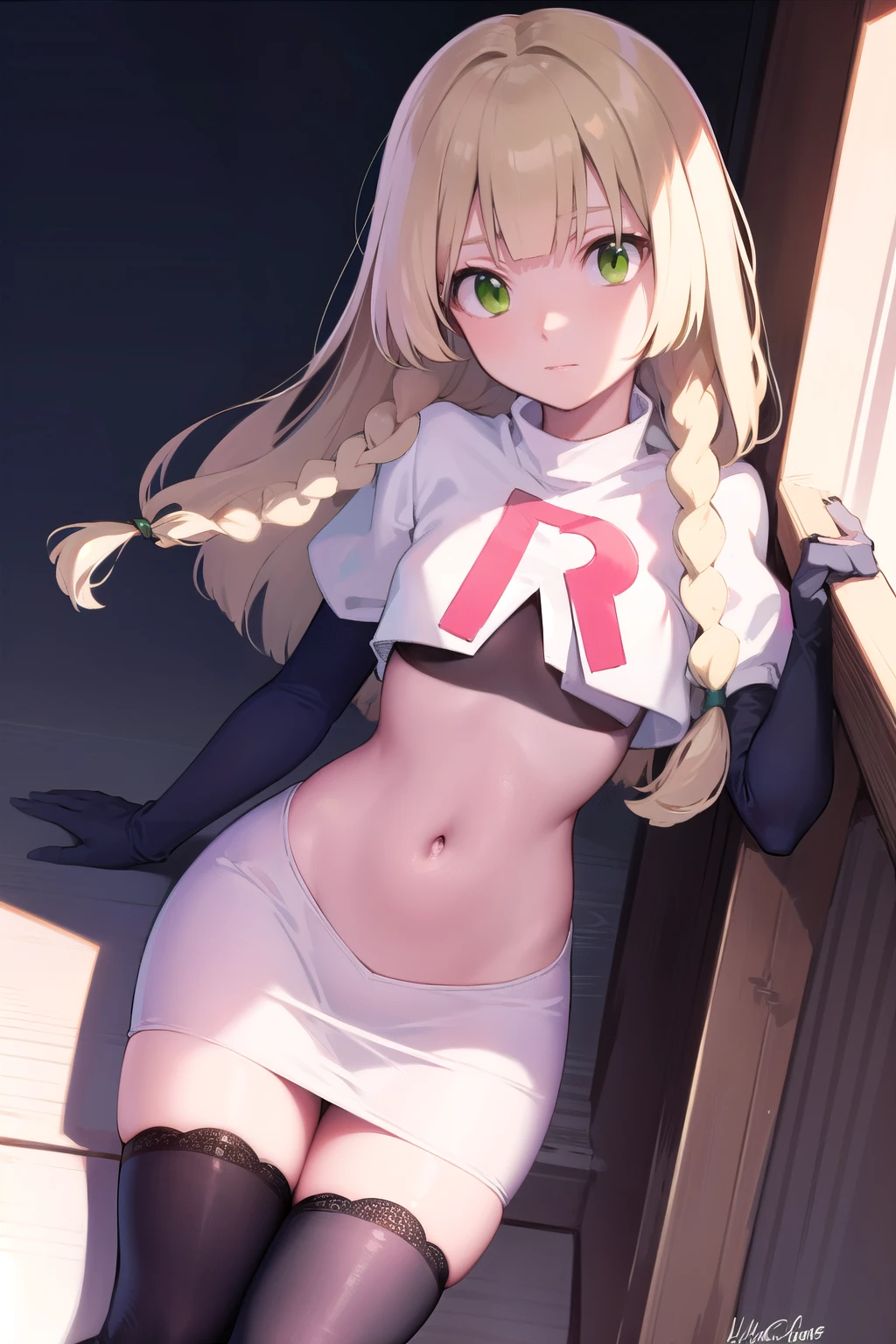 pokemonlilie, pokemonlilie, blonde hair, blunt bangs, (green eyes:1.5), long hair, (small breasts:1.2),
BREAK braid, twin braids, team rocket,team rocket uniform,white skirt,red letter R,crop top,black thigh-highs,black elbow gloves
BREAK looking at viewer,
BREAK (masterpiece:1.2), best quality, high resolution, unity 8k wallpaper, (illustration:0.8), (beautiful detailed eyes:1.6), extremely detailed face, perfect lighting, extremely detailed CG, (perfect hands, perfect anatomy),