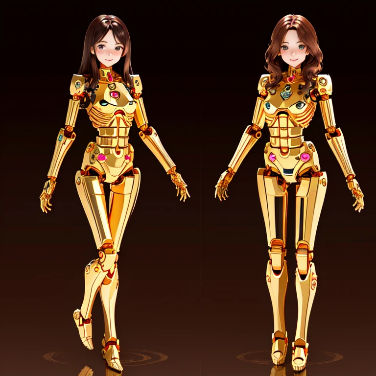 all female robots, 
Brown Hair,
 Wavy Hair,
 Hazel Eyes,
 Very detailed,
 smile,
 Everyone is a machine except for their faces.,
 All have mechanical limbs,
 No clothes for everyone,
 All exposed internal skeletons,
 All gold frames,
 Full Body Shot,
