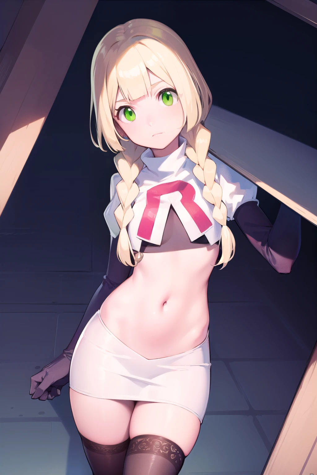 pokemonlilie, pokemonlilie, blonde hair, blunt bangs, (green eyes:1.5), long hair, (small breasts:1.2),
BREAK braid, twin braids, team rocket,team rocket uniform,white skirt,red letter R,crop top,black thigh-highs,black elbow gloves
BREAK looking at viewer,
BREAK (masterpiece:1.2), best quality, high resolution, unity 8k wallpaper, (illustration:0.8), (beautiful detailed eyes:1.6), extremely detailed face, perfect lighting, extremely detailed CG, (perfect hands, perfect anatomy),