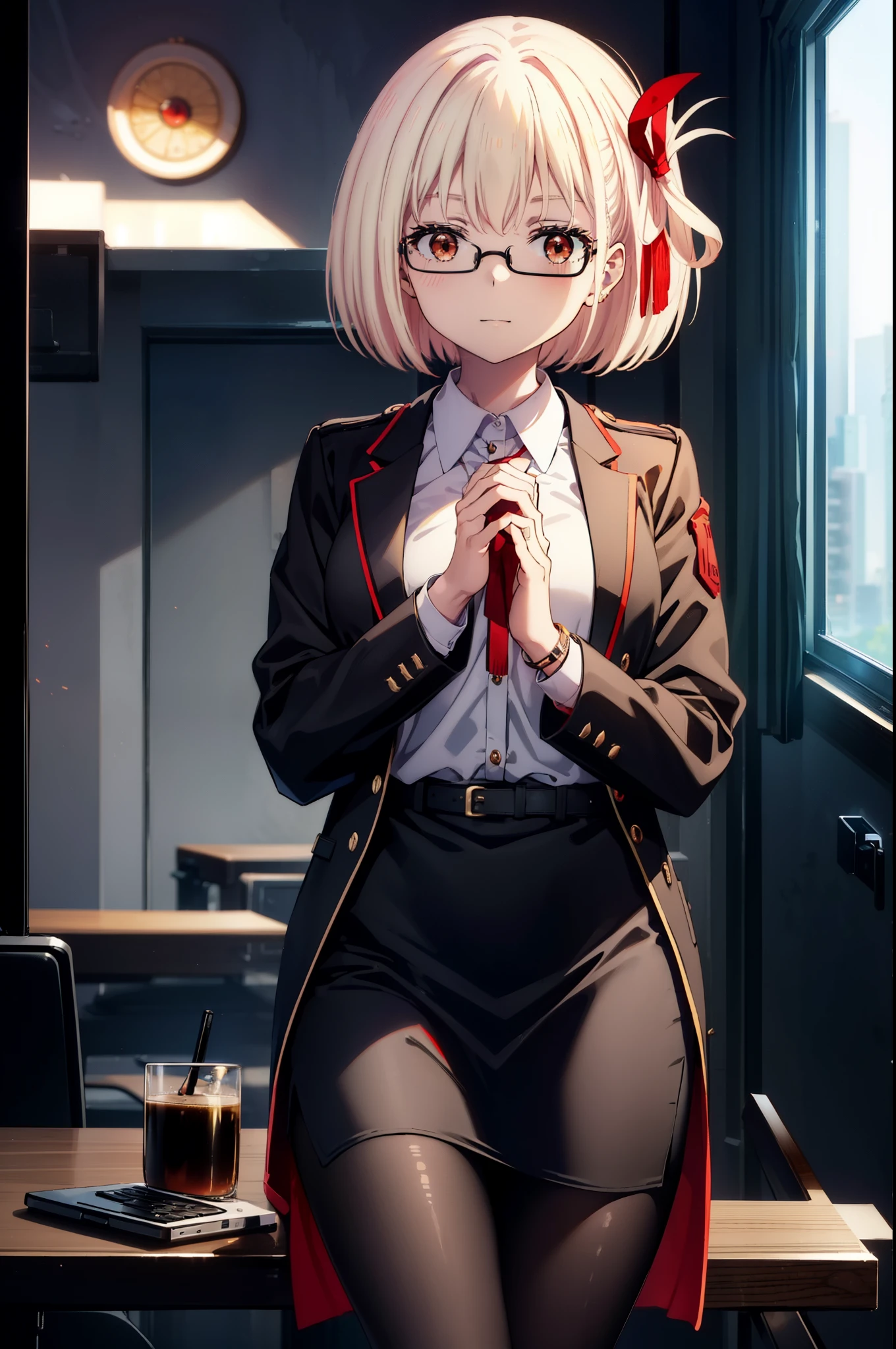 chisatonishikigi, Chisato Nishikigi, short hair, bangs, Blonde, (Red eyes:1.5), hair ribbon, One side up, Bobcut,happy smile, smile, Open your mouth,smile,
OL, Akagi Glasses, Black suit jacket, Collared jacket, White dress shirt, Collared shirt, Neckline, button, Black pencil skirt, Black Pantyhose,Stiletto heels,the sun is rising,sit cross-legged on a chair,interior,There is a computer on the table,touch typing,It's as if your whole body is in the illustration., break indoors,office, break looking at viewer, (Cowboy Shot:1.5), break (masterpiece:1.2), highest quality, High resolution, unity 8k wallpaper, (shape:0.8), (Beautiful details:1.6), Highly detailed face, Perfect lighting, Highly detailed CG, (Perfect hands, Perfect Anatomy),