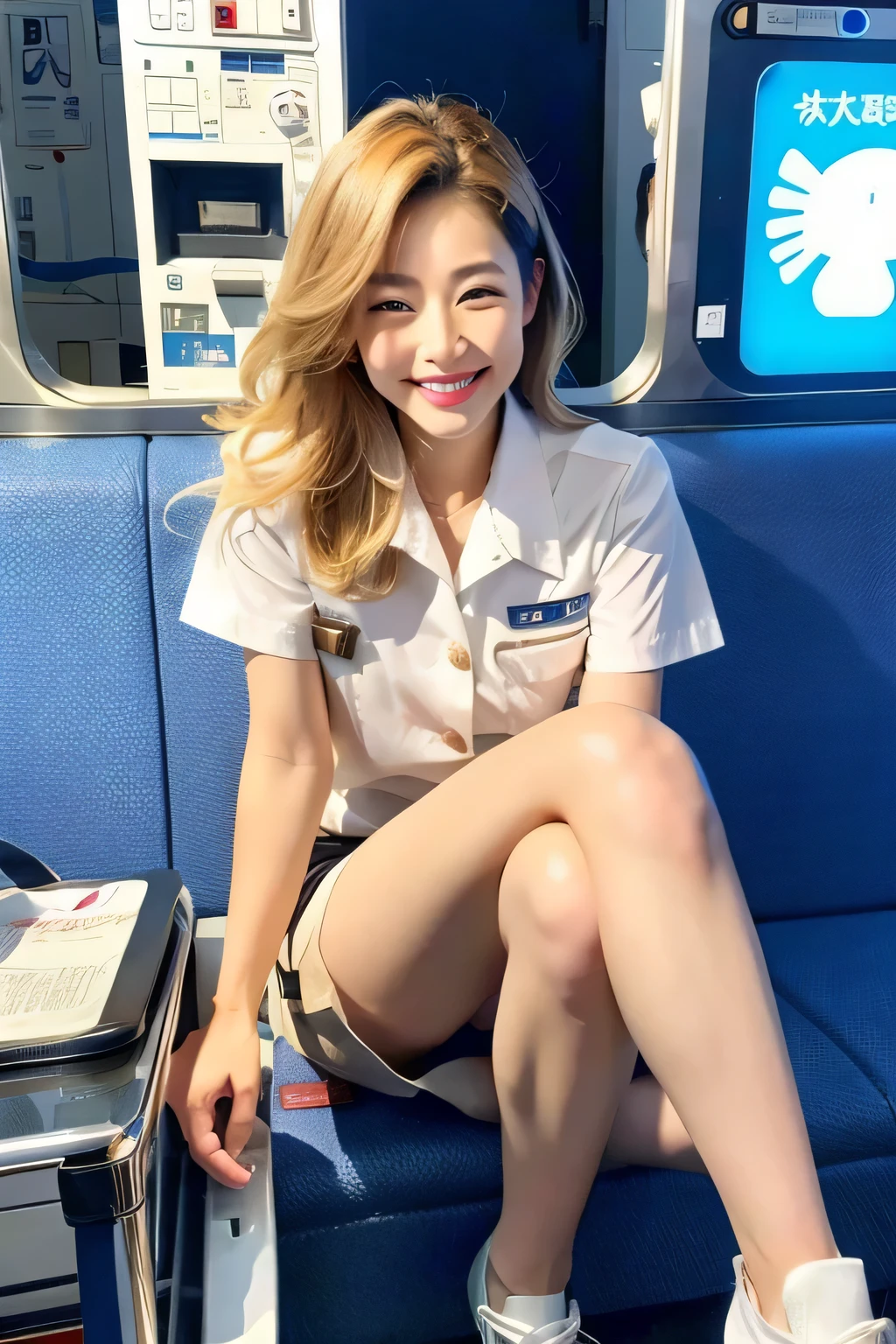A Chinese male civil aviation pilot wearing a white short-sleeved shirt,sitting on white chair,Elbows on knees,The background is white ,Smiling emoticon,Kind eyes,#1: Short, back-combed hair,Wearing black trousers,