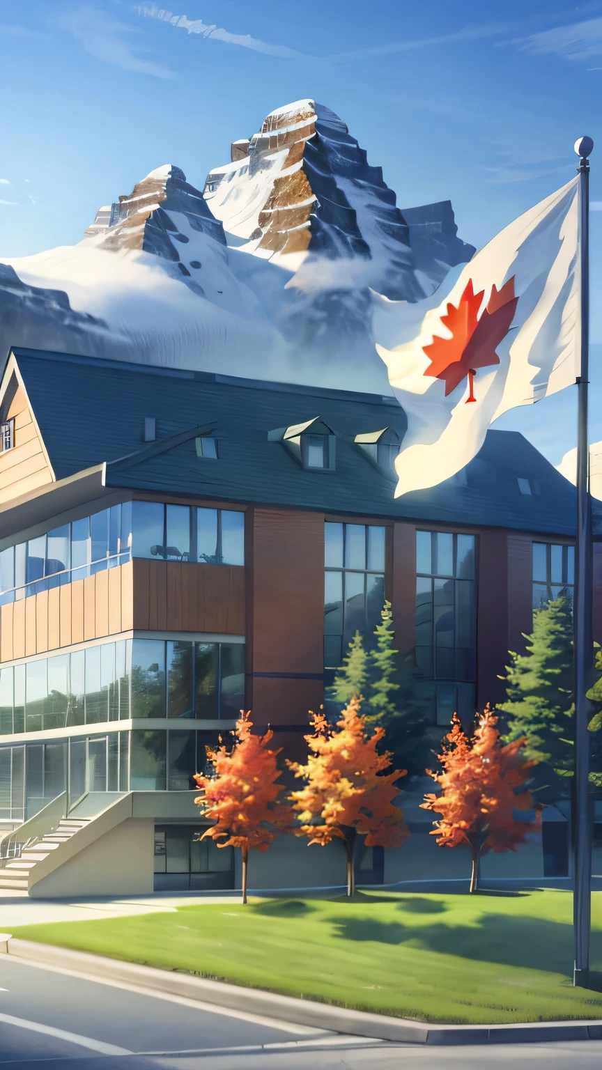 Canadian flag in the distance,Teaching building,beautiful,Realistic