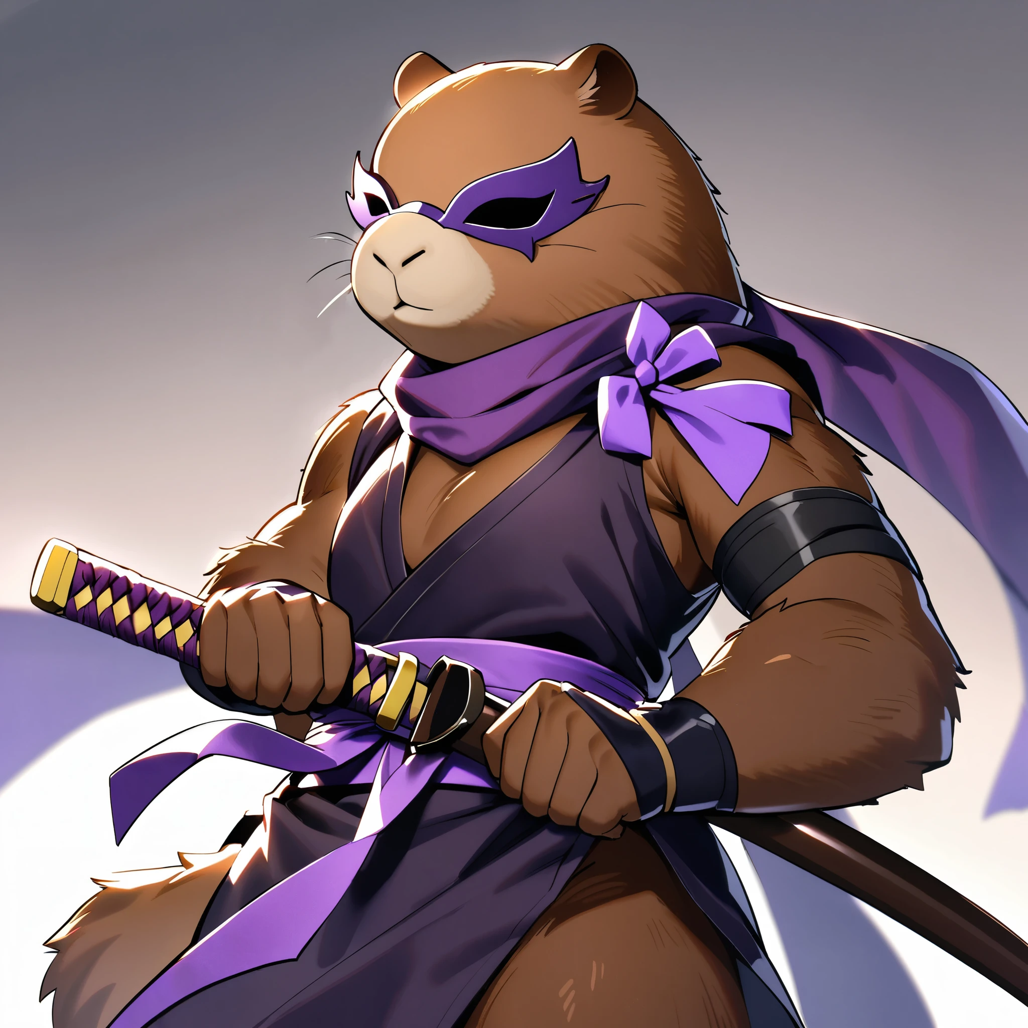 A teenage humanoid Capybara is a Sexy Ninja Assassin, He wears a violet flowing ribbon mask, violet sash, short coarse brown fur, and carries weapons