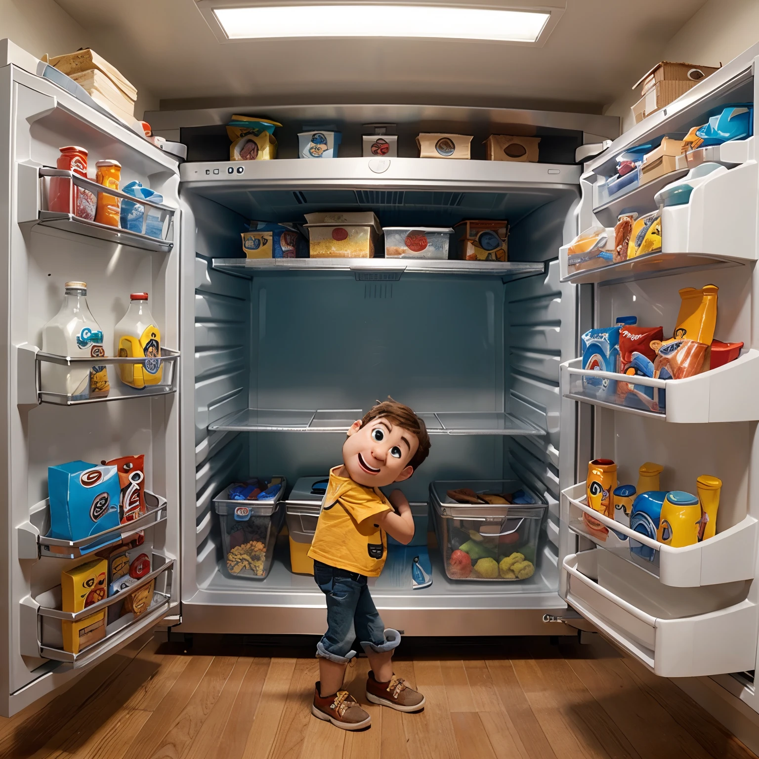 A boy with,At night,Open the door of the kitchen refrigerator and rummage for something to eat