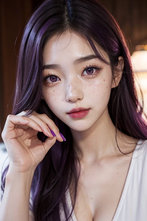 1 girl, 23 years old, south korean, idol, masterpiece, perfect face, soft skin, freckles under eyes, long whavy purple hair, shining purple eyes, red eyeliners, red lips, smile, closed mouth, natural makeup, hair clip, white top, soft lighting, face focus, closeup.