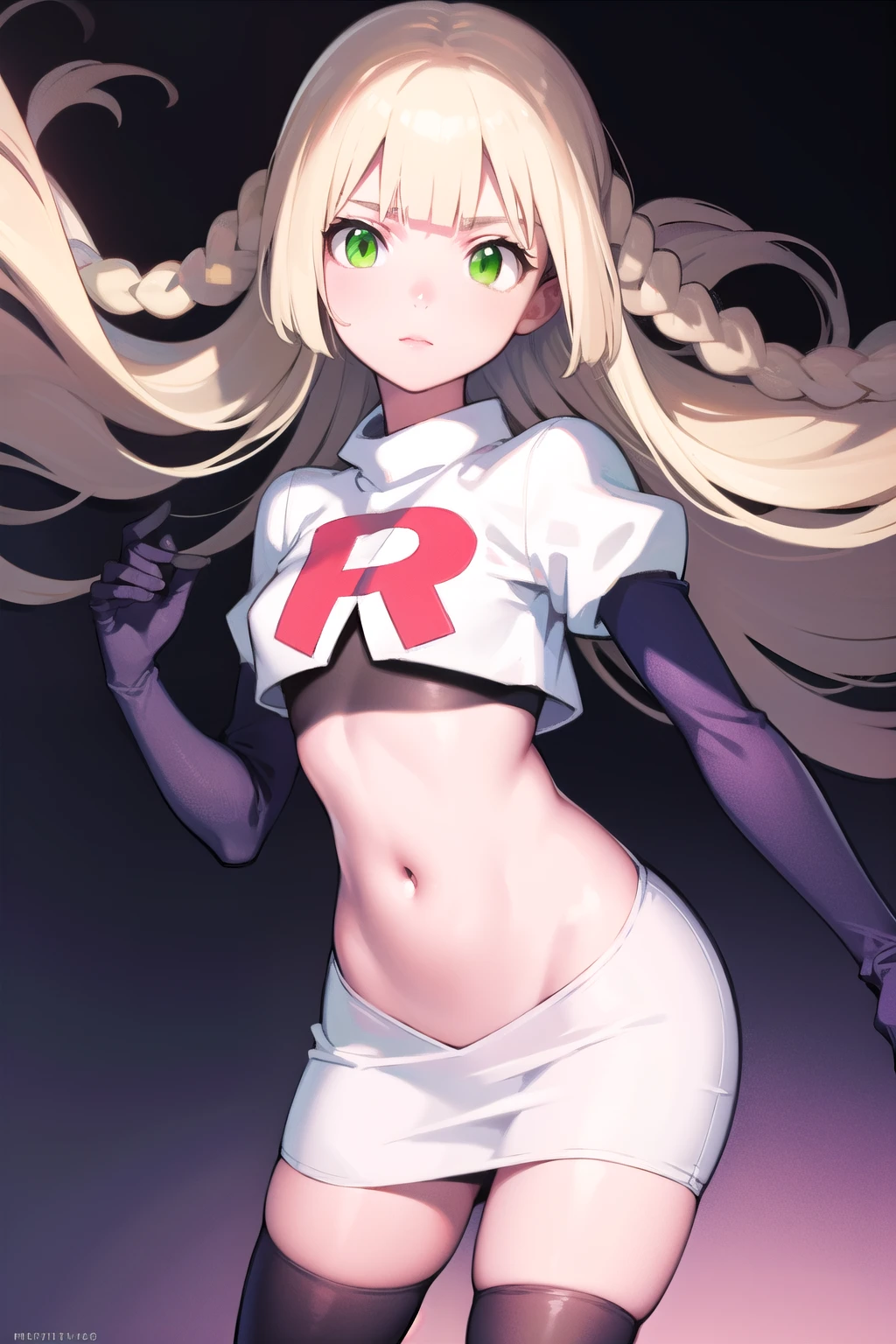 pokemonlilie, pokemonlilie, blonde hair, blunt bangs, (green eyes:1.5), long hair, (small breasts:1.2),
BREAK braid, twin braids, team rocket,team rocket uniform,white skirt,red letter R,crop top,black thigh-highs,black elbow gloves
BREAK looking at viewer,
BREAK (masterpiece:1.2), best quality, high resolution, unity 8k wallpaper, (illustration:0.8), (beautiful detailed eyes:1.6), extremely detailed face, perfect lighting, extremely detailed CG, (perfect hands, perfect anatomy),