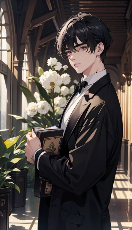1 menino,pale boy eyes,plantar,flores,Baixo contraste de tela,Claridade alta,cabelo preto,copos,olhos azuis,soft light illumination,foco suave,, Anime Seios grandes, Impressionism, film lighting, fechar-se, ultra high definition, obra de arte, Alto detalhe,livro
