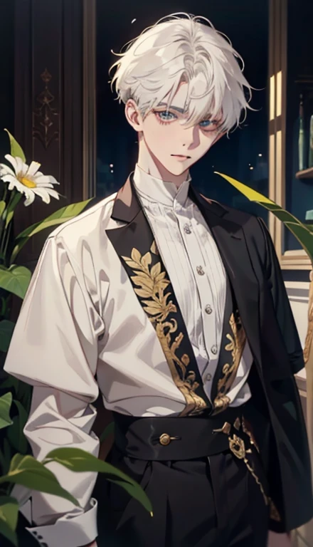 1 menino,pale boy eyes,plantar,flores,Baixo contraste de tela,Claridade alta,cabelo preto,copos,olhos azuis,soft light illumination,foco suave,, Anime Seios grandes, Impressionism, film lighting, fechar-se, ultra high definition, obra de arte, Alto detalhe,livro