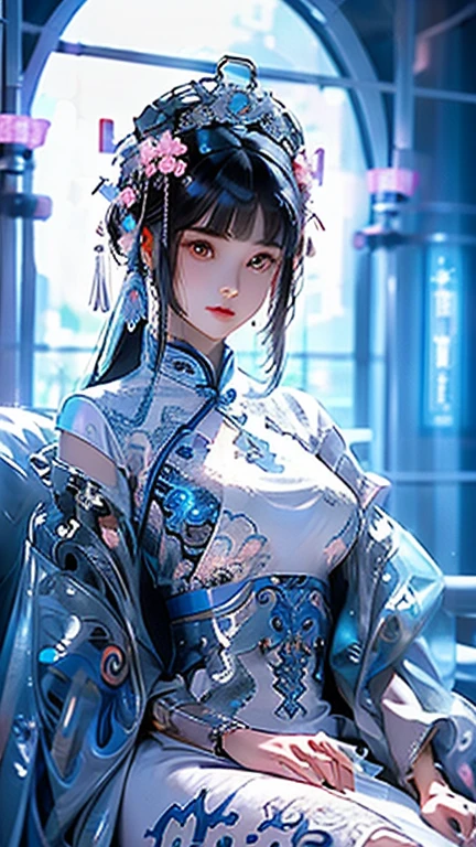 1 girl, chinese_clothes, in white and pink, cyberhanfu, Cheongsam, cyberpunk city, dynamic pose, Headdress, hair ornament, long hair, cyberpunk, a high-tech city, full of machinery and futuristic element, futurism, technology, aqua hair, divine goddess, huge breasts, queen, lace, lace trim, pearl necklace, gold, jewelry, tiara, neon, diamonds, looking at viewer, epic, grand curtains, indoors, sit on sofa