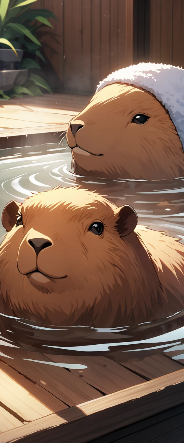 ((Masterpiece, top quality, high resolution)), ((highly detailed CG unified 8K wallpaper)), A capybara, Relaxing in a hot spring bath, towel on head and soaking in hot water,