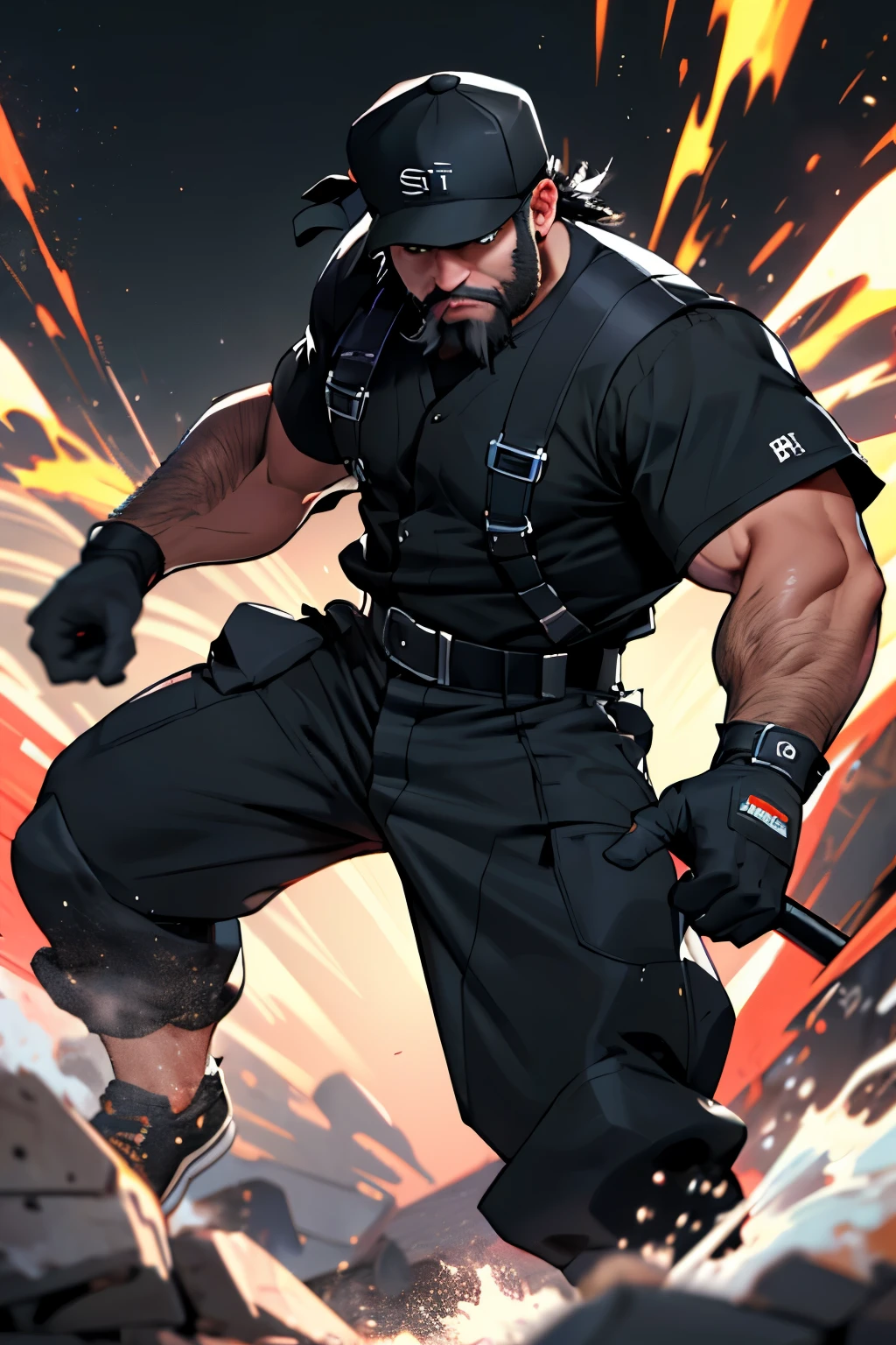 ((Mechanic)), ((Middle aged male)), ((Black beard)), ((Muscular)), ((Black flightsutit)), ((Black baseball hat)), ((dynamic pose))

