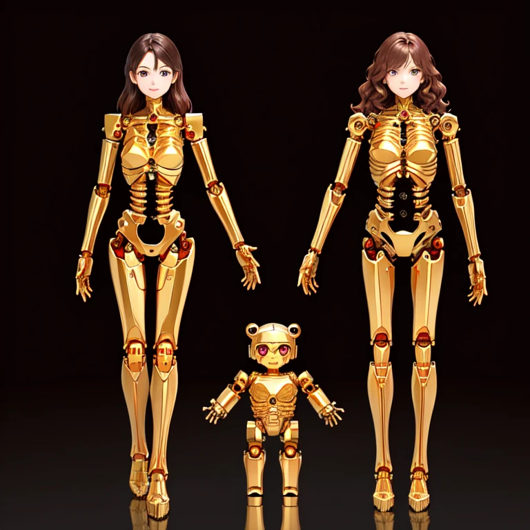 all female robots,
Brown Hair,
Wavy Hair,
Hazel Eyes,
Very detailed,
smile,
Everyone is a machine except for their faces.,
All have mechanical limbs,
No clothes for everyone,
All exposed internal skeletons,
All gold frames,
Full Body Shot,