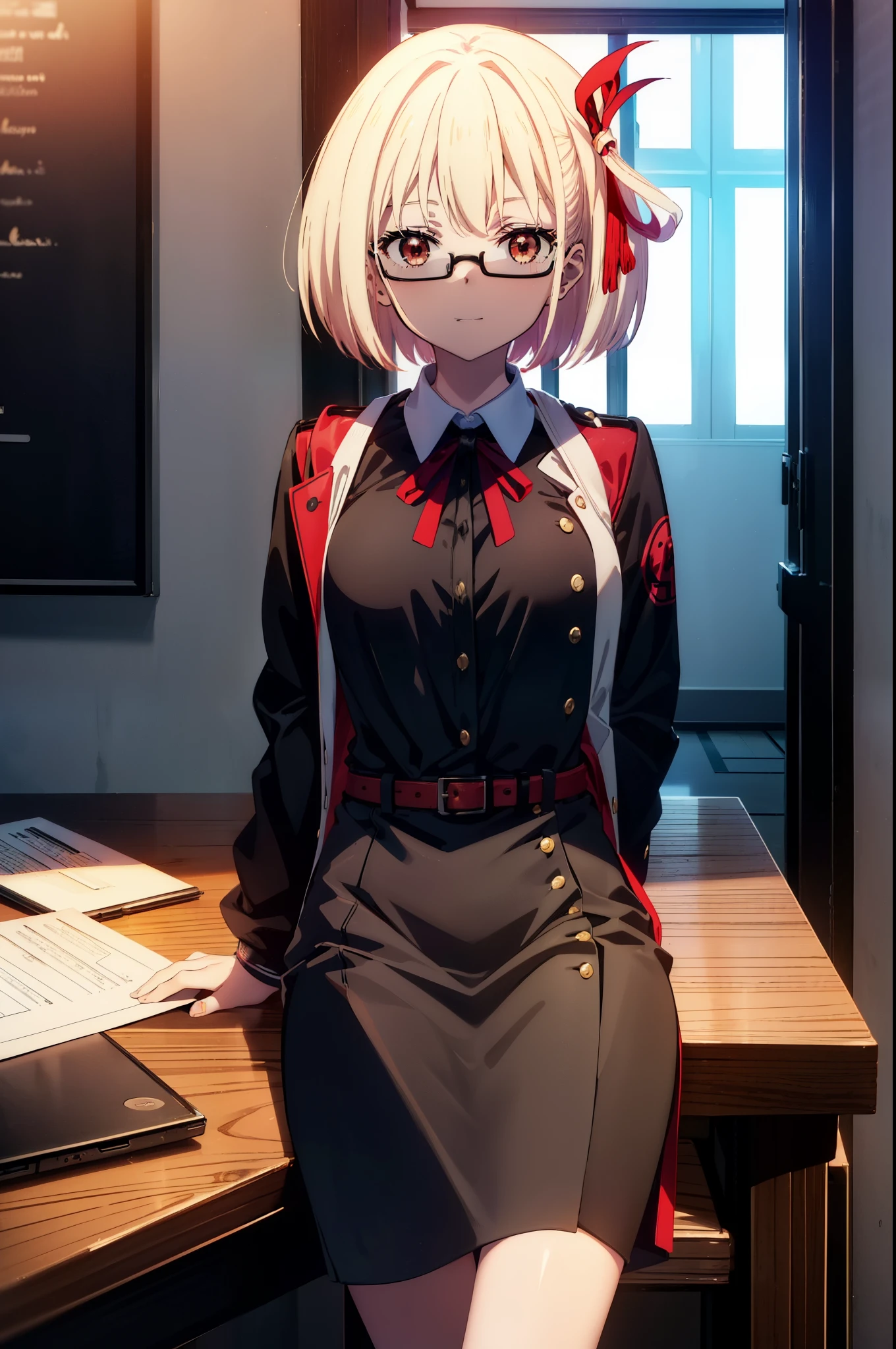 chisatonishikigi, Chisato Nishikigi, short hair, bangs, Blonde, (Red eyes:1.5), hair ribbon, One side up, Bobcut,happy smile, smile, Open your mouth,smile,
OL, Akagi Glasses, Black suit jacket, Collared jacket, White dress shirt, Collared shirt, Neckline, button, Black pencil skirt, Black Pantyhose,Stiletto heels,the sun is rising,sit cross-legged on a chair,interior,There is a computer on the table,touch typing,It's as if your whole body is in the illustration., break indoors,office, break looking at viewer, (Cowboy Shot:1.5), break (masterpiece:1.2), highest quality, High resolution, unity 8k wallpaper, (shape:0.8), (Beautiful details:1.6), Highly detailed face, Perfect lighting, Highly detailed CG, (Perfect hands, Perfect Anatomy),