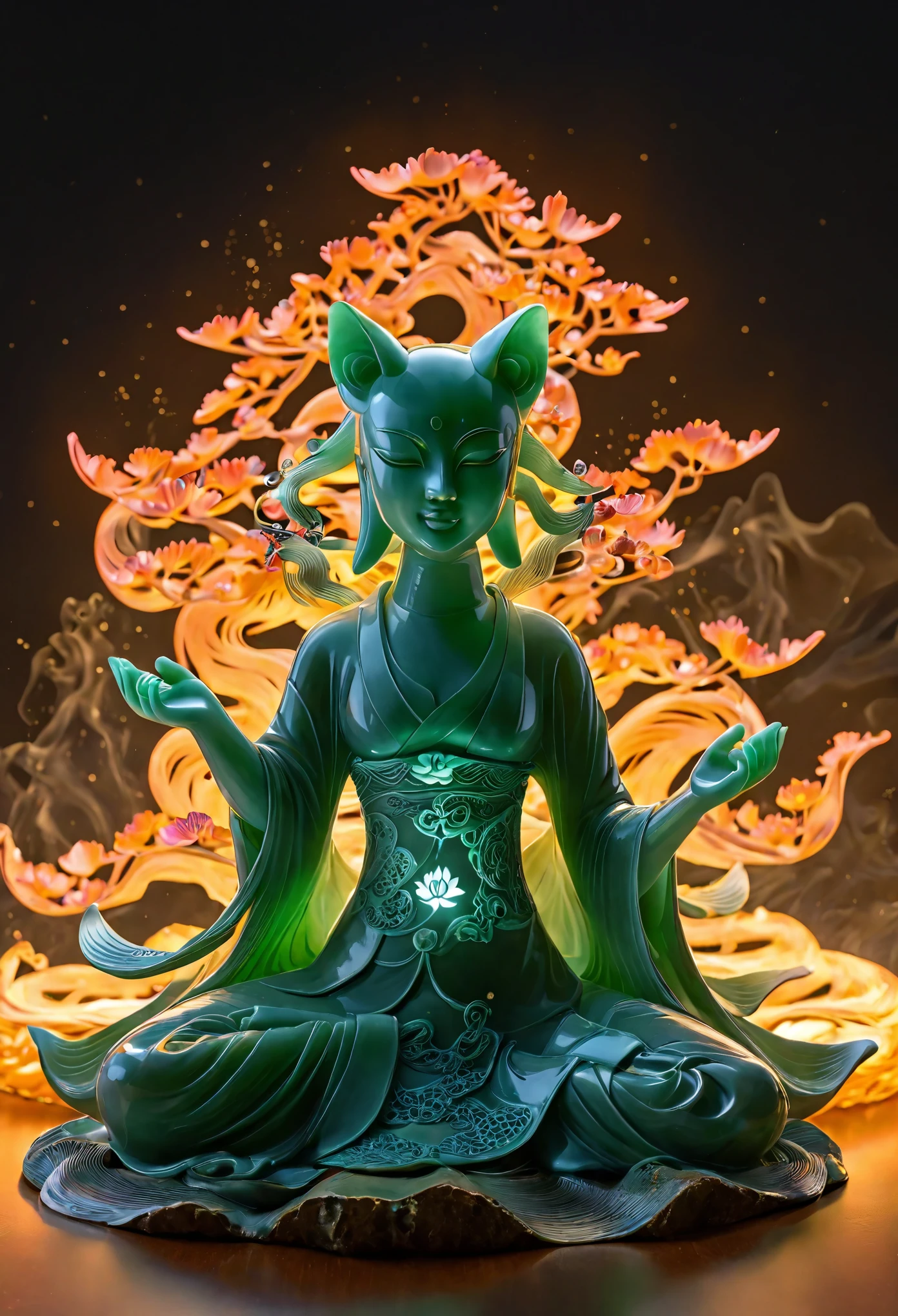 fullbody Photography of lotus pose girl,jade style,jade light,Anatomically correct,Raw, cinematic shot, (sharp focus:1.5), (photorealistic:1.4), twilight lighting, volumetric lighting, ultra high res, 16K,dramatic lighting, abstract backgrounds:1.5)(zentangle,datura,Tangles,entangled:0.7)Kitsune witch,kitsune mask,Haori jacket, foxfire spell, fox family, transformation, depth of field, Fantastical Atmosphere, The most beautiful form of chaos, ellegance, Dark theme of Fauvist design, Flower of Death, Flowers of ecstasy,Glowing Line,Glow Example,Tracking example,flash, Backlight,translucent,light particles,xianxia