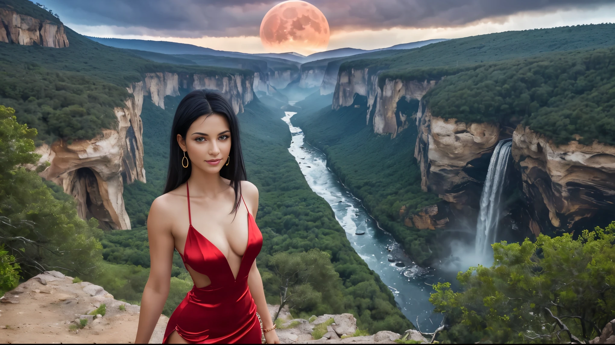 (Very realistic image), Centerpiece, masterpiece, Ultra detailed, High quality, 4k, complex, expert, Center, (volumetric lighting), beautiful, masterpiece, (ultra detailed landscape), (landscape  sharp), (sharp image).  (1 pretty girl alone), (1 sublime European girl aged 30), (European girl), (straight black hair:1.5), (blue eyes:1.3), innocent face, (seductive smile:1.2), (large gold hoop earrings) , (pretty breasts), (plunge neckline), (red dress:1.5), (bodycon dress, short dress, slit dress, silk dress:1.5), (gold jewelry). (on top of a mountain overlooking a magnificent landscape of waterfalls and lush forest at the bottom of a canyon:1.3), (storm and red lightning:1.6), (dark night: 1.5), (darkness: 1.5), (blood red moon:1.5), (low lighting). (sensual dynamic pose), (perfect body), (perfect anatomy), (perfect hand), (looks at camera:1.3), (cowboy shot), (upper half of the body view)