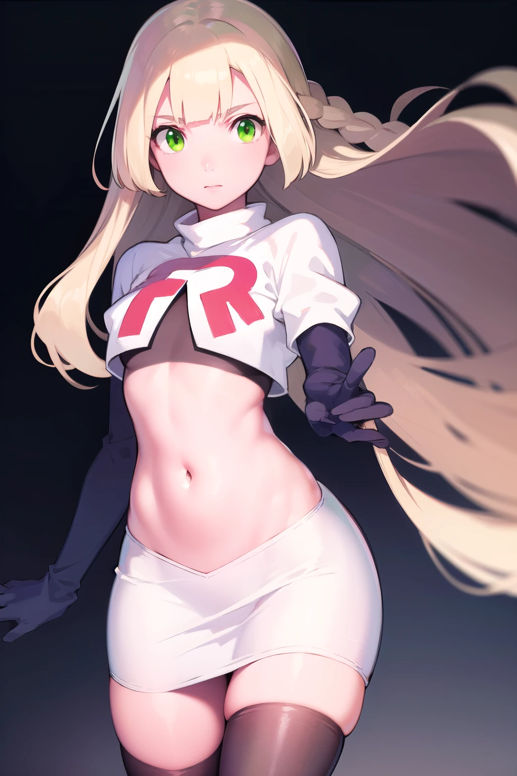 pokemonlilie, pokemonlilie, blonde hair, blunt bangs, (green eyes:1.5), long hair, (small breasts:1.2),
BREAK braid, twin braids, team rocket,team rocket uniform,white skirt,red letter R,crop top,black thigh-highs,black elbow gloves
BREAK looking at viewer,
BREAK (masterpiece:1.2), best quality, high resolution, unity 8k wallpaper, (illustration:0.8), (beautiful detailed eyes:1.6), extremely detailed face, perfect lighting, extremely detailed CG, (perfect hands, perfect anatomy),
