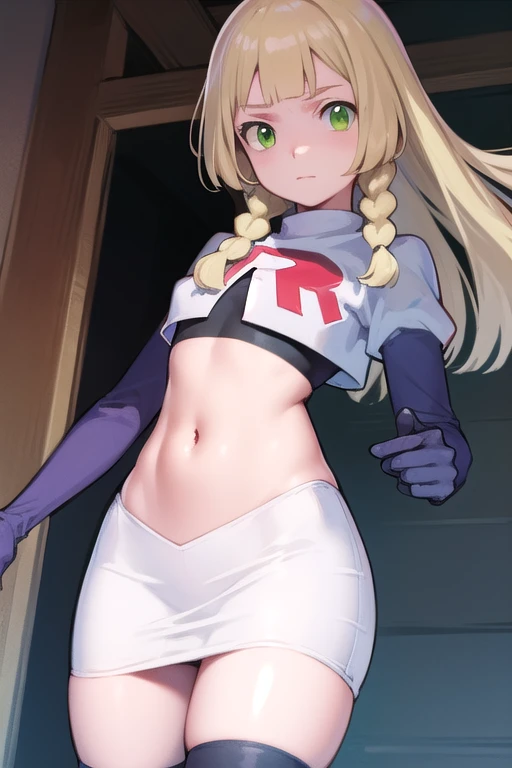 pokemonlilie, pokemonlilie, blonde hair, blunt bangs, (green eyes:1.5), long hair, (small breasts:1.2),
BREAK braid, twin braids, team rocket,team rocket uniform,white skirt,red letter R,crop top,black thigh-highs,black elbow gloves
BREAK looking at viewer,
BREAK (masterpiece:1.2), best quality, high resolution, unity 8k wallpaper, (illustration:0.8), (beautiful detailed eyes:1.6), extremely detailed face, perfect lighting, extremely detailed CG, (perfect hands, perfect anatomy),