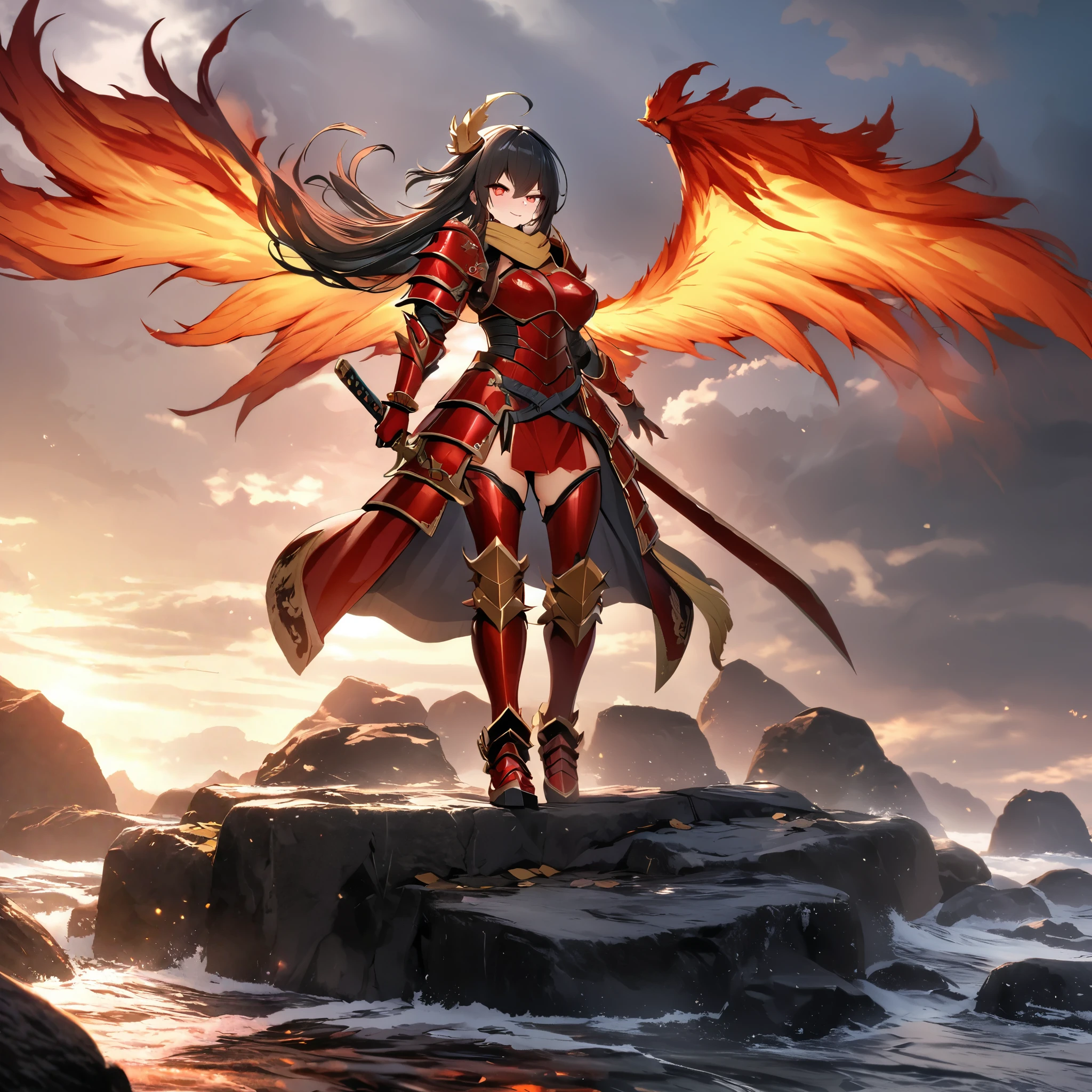 A woman wearing red heavy samurai armor, with metal boots, red bracelet, long black hair, with golden scarf in her hair, holding an unsheathed katana, glowing red eyes, sadistic smile, with a large phoenix of fire behind, walking on a rock platform, with a sadistic look, full body.,HDR, ultra resolution, well defined, masterpiece, 8K HD. (solo woman)