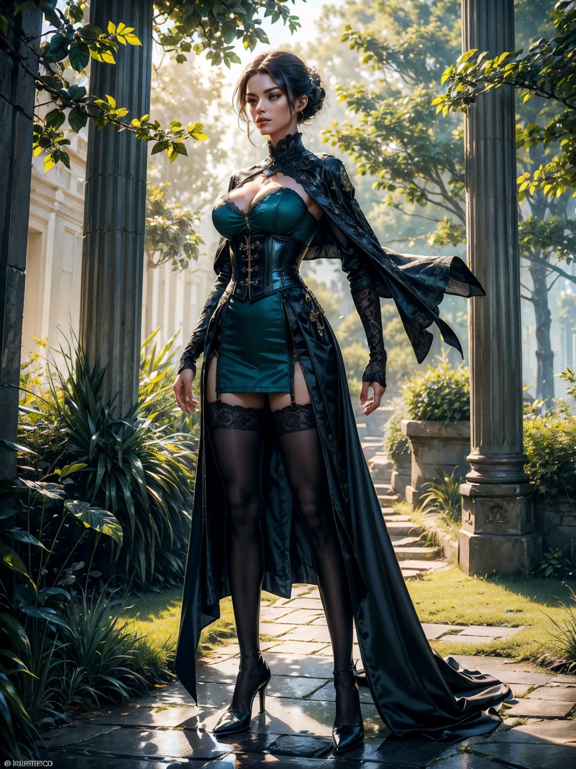 ((show full body from head to toe, standing, body facing to the viewer (show front body)). Tall body, fit body, slender body, medium breast. A female wizard wearing blue and green clothes, long sleeves(lace sleeves), skirts, corset, cloak, robes, cape, gloves, stockings, show heels. short hair with updo. Masterpiece:1.5, illustration:1.1, best quality:1.5, fine detail, perfect detail, 4k, HDR, balance focused camera view, middle camera view, vertical scape camera, natural lighting, bright lighting, sunlight, sharp focus, smooth detail, HDR. Outdoor at a city road.
