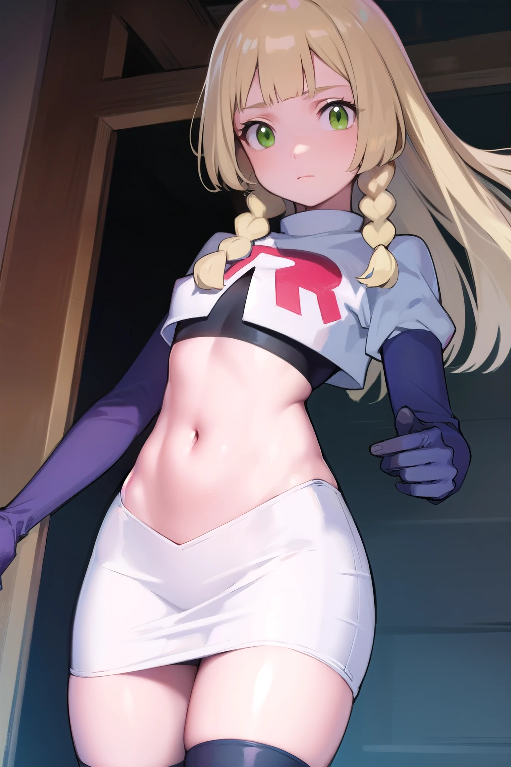 pokemonlilie, pokemonlilie, blonde hair, blunt bangs, (green eyes:1.5), long hair, (small breasts:1.2),
BREAK braid, twin braids, team rocket,team rocket uniform,white skirt,red letter R,crop top,black thigh-highs,black elbow gloves
BREAK looking at viewer,
BREAK (masterpiece:1.2), best quality, high resolution, unity 8k wallpaper, (illustration:0.8), (beautiful detailed eyes:1.6), extremely detailed face, perfect lighting, extremely detailed CG, (perfect hands, perfect anatomy),