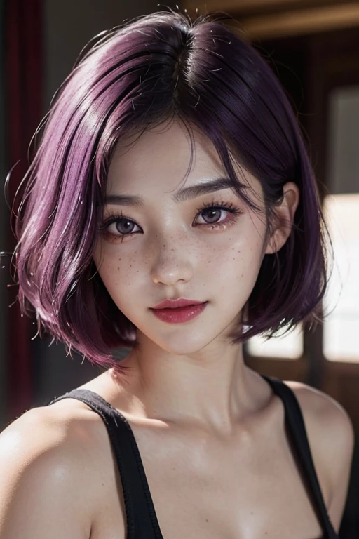 1 girl, 23 years old, south korean, idol, masterpiece, perfect face, soft skin, freckles under eyes, short whavy purple hair, bob hair, shining purple eyes, red eyeliners, red lips, big smile, closed mouth, natural makeup, hair clip, soft lighting, bright colors, face focus, face closeup.
