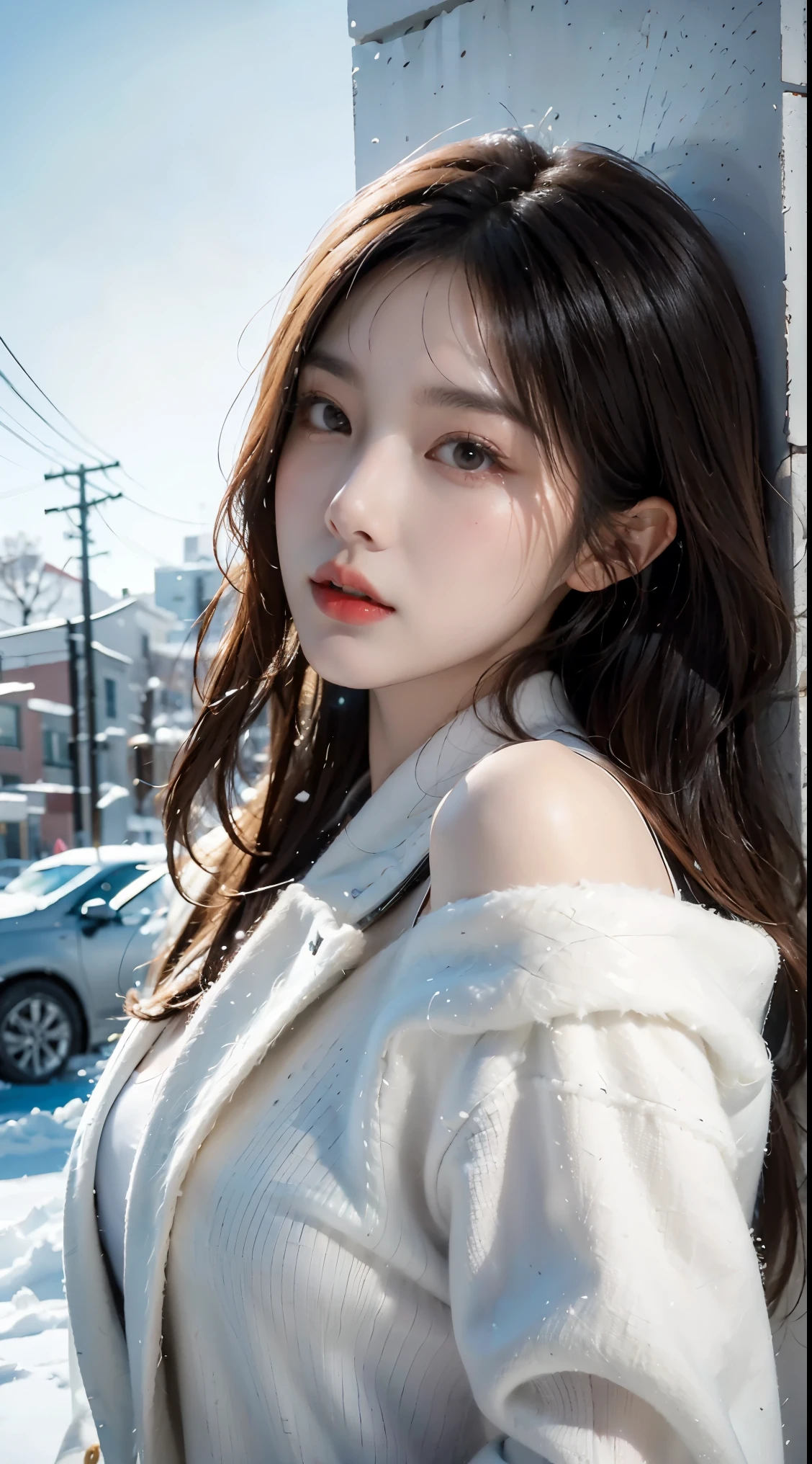 Photorealistic, high resolution, 1womanl, Solo, view the viewer, (Detailed face), Colorful winter clothes, Snow