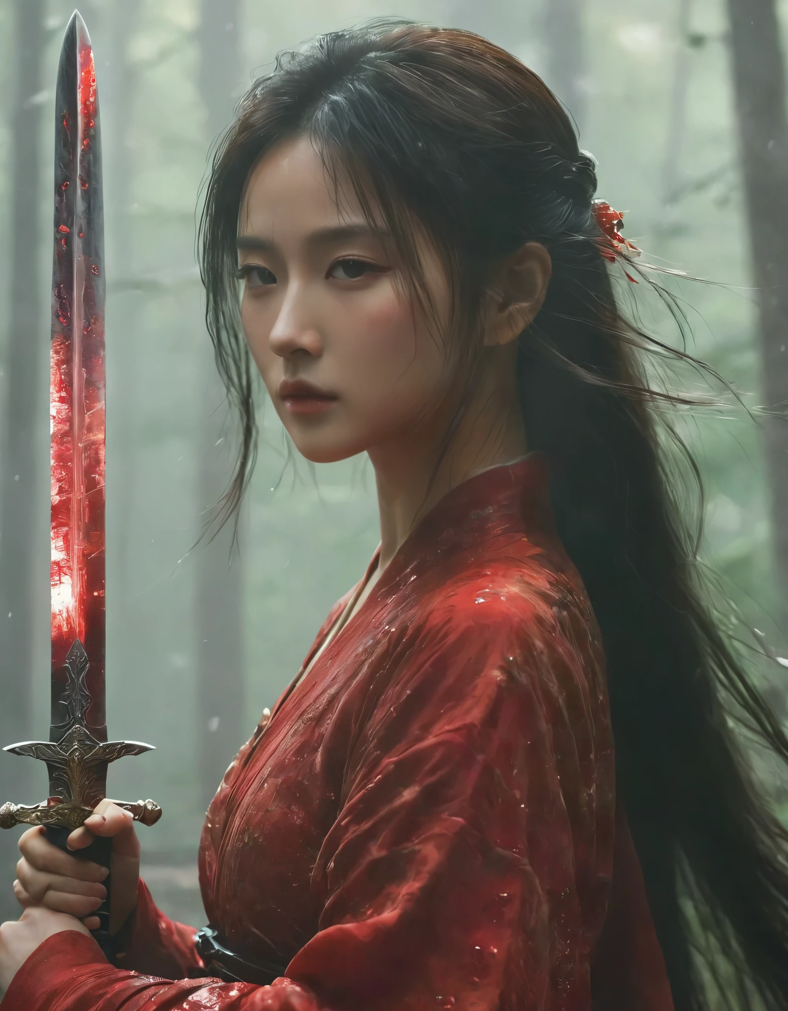 1beautiful girl,  Axisymmetric compositiotomically correct，solo，female swordman，Hold the hilt of a sword in your hand，Each hand holds a sword handle，ruby sword，jade sowrd,  blade glows，front view, close-up， ((Best quality)), ((Masterpiece)), ((Realistic))，UHD，