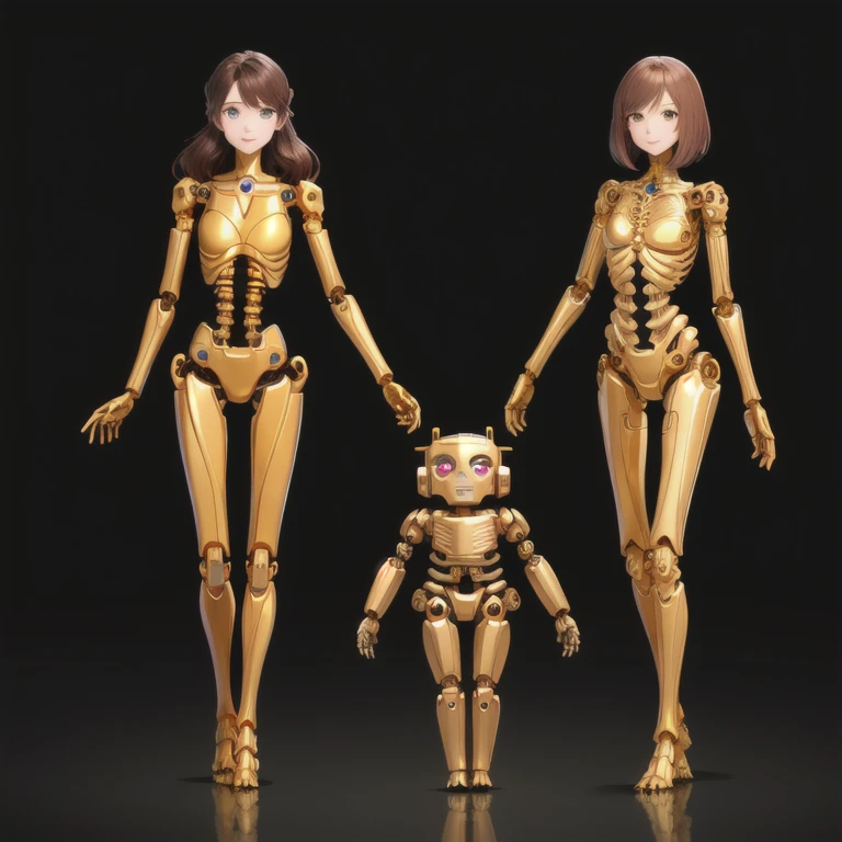 all female robots, 
Brown Hair,
 Wavy Hair,
 Hazel Eyes,
 Very detailed,
 smile,
 Everyone is a machine except for their faces.,
 All have mechanical limbs,
 No clothes for everyone,
 All exposed internal skeletons,
 All gold frames,
 Full Body Shot,
